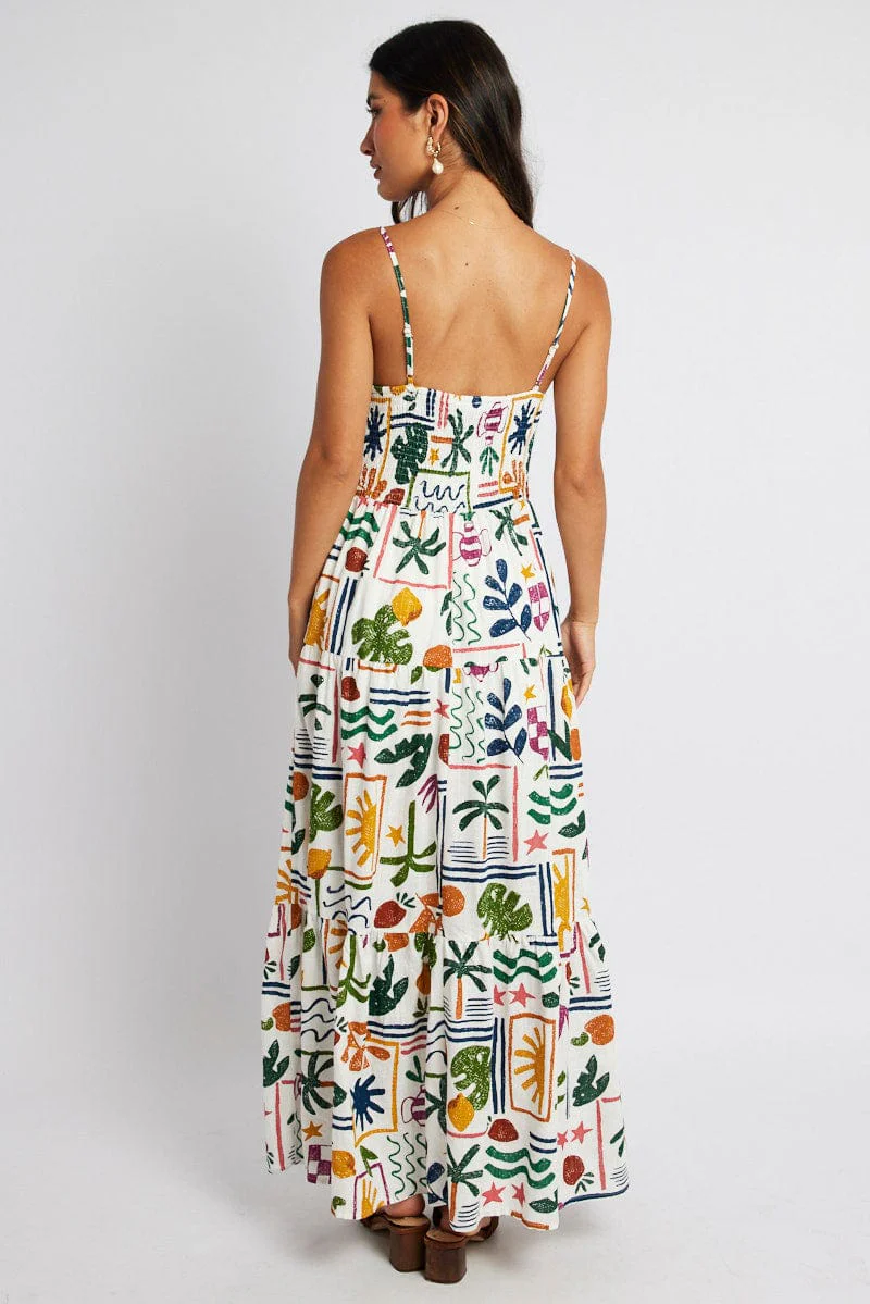 Multi Abstract Midi Dress Strappy Cutout Linen Blend