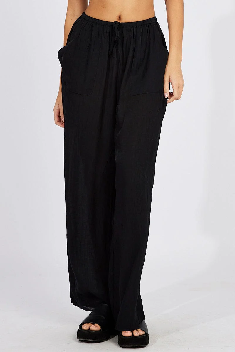 Black Wide Leg Pants Textured Fabric