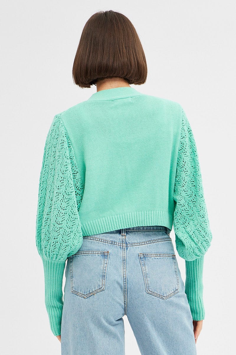 Green Knit Cardigan Long Sleeve Crop