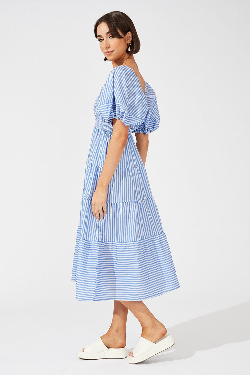 Blue Stripe Midi Dress Short Sleeve Shirred