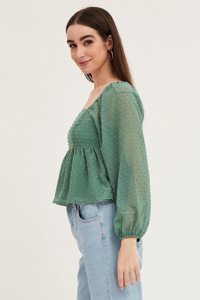 Green Puff Sleeve Peplum Top