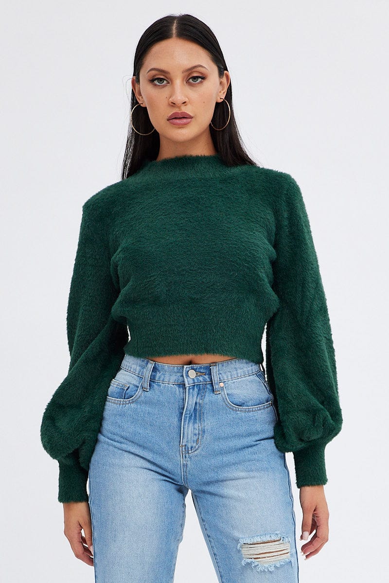 Green Fluffy Knit Jumper Long Sleeve