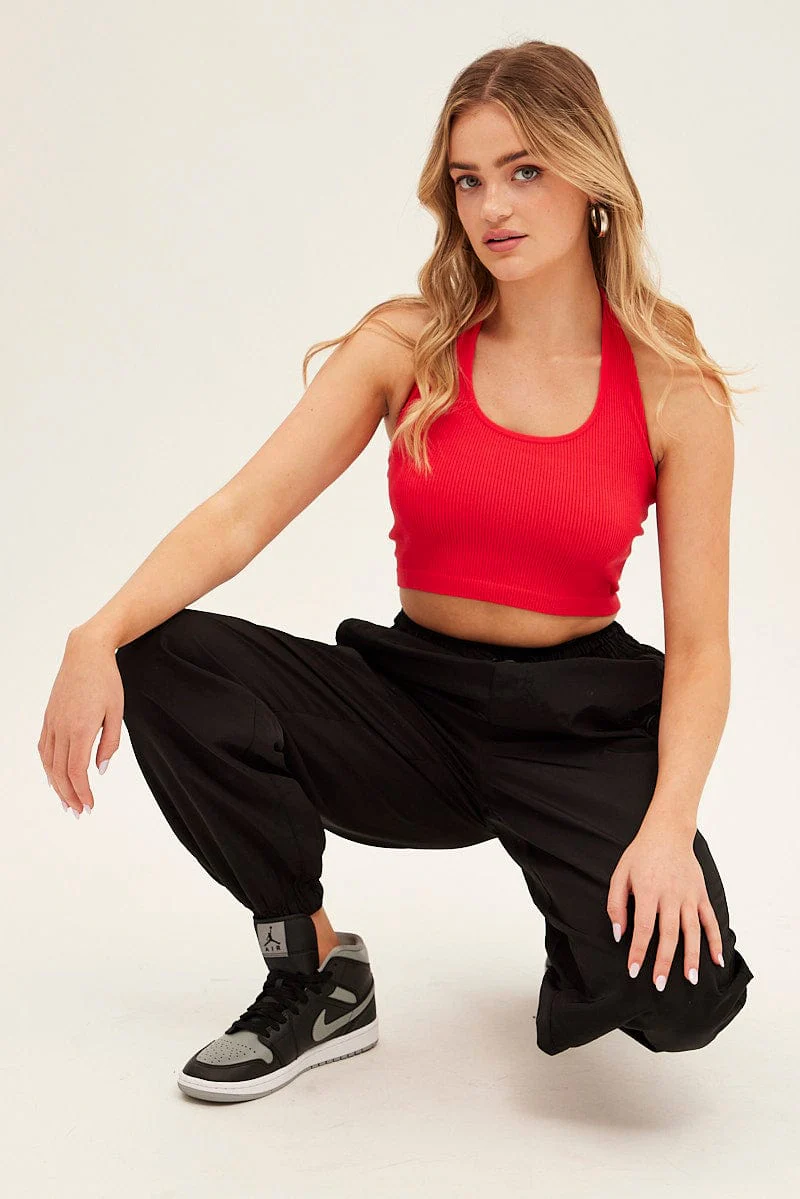 Red Halter Top Round Neck Seamless