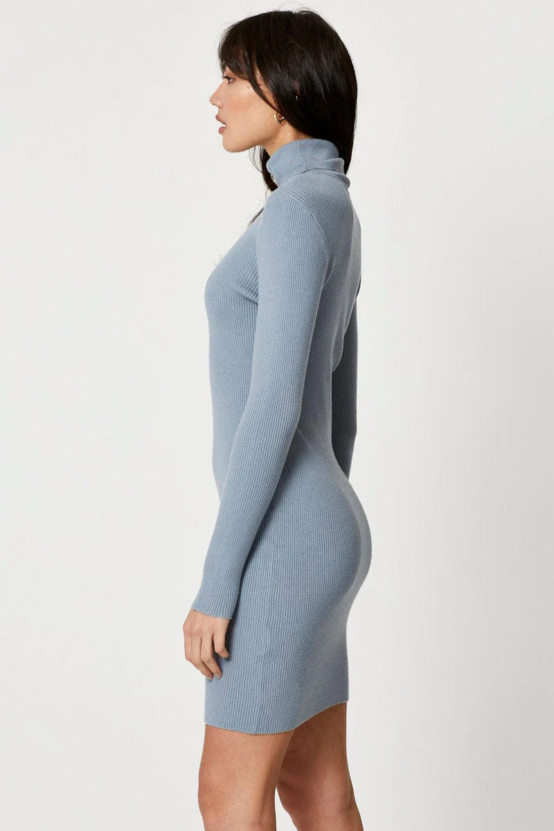 Blue Long Sleeve Rib High Neck Dress
