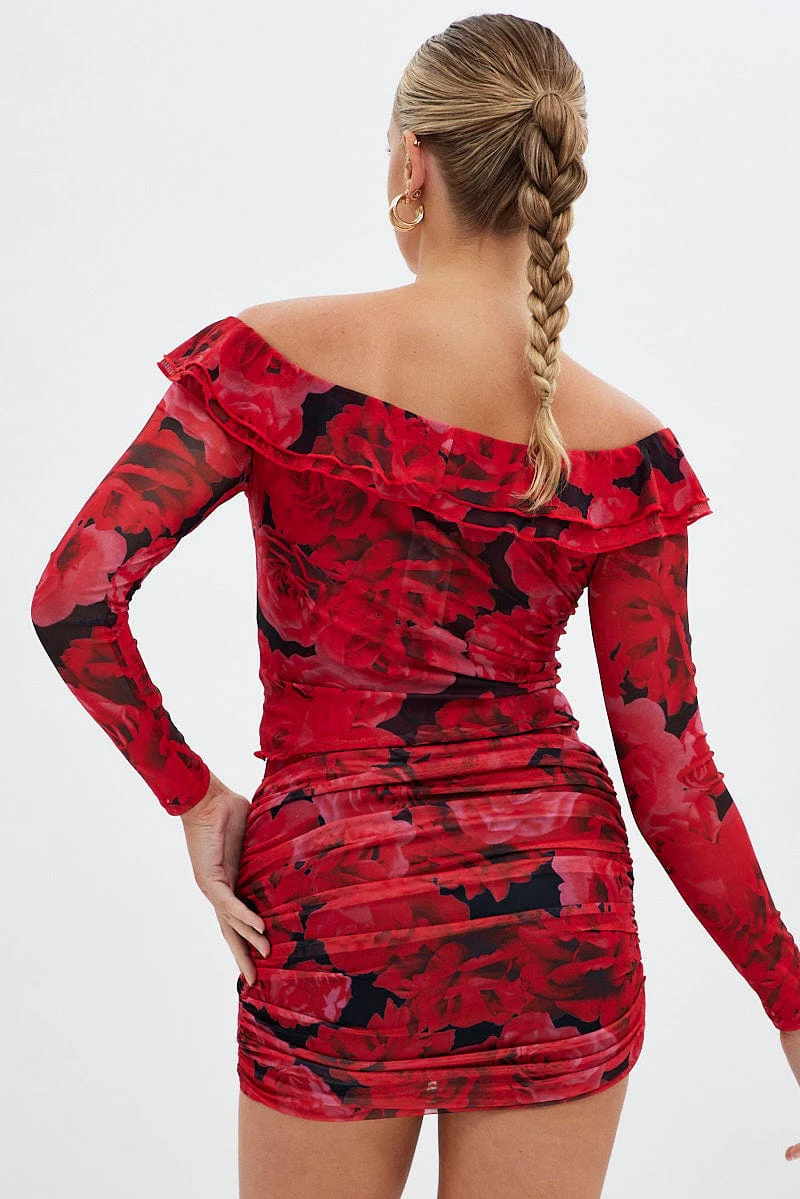 Red Floral Mesh Top Long Sleeve Off Shoulder Frill Lined