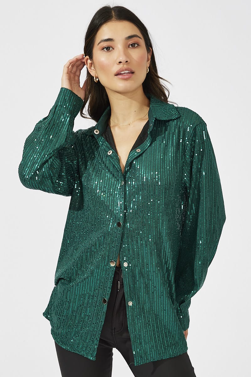 Green Shacket Long Sleeve Sequins
