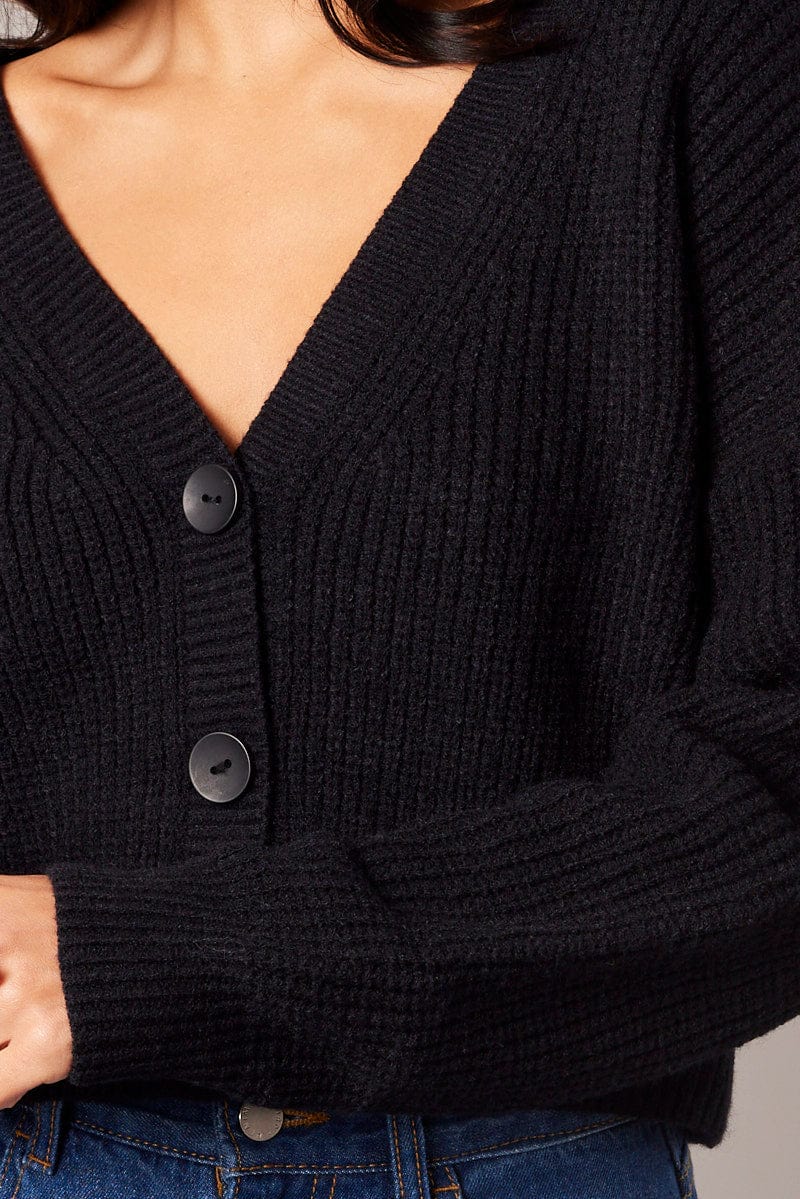 Black Knit Cardigan Long Sleeve V Neck Button Up