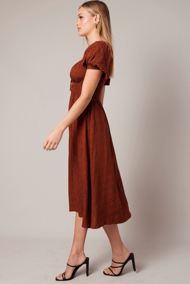 Brown Geo Midi Dress Short Sleeve Ruched Bust