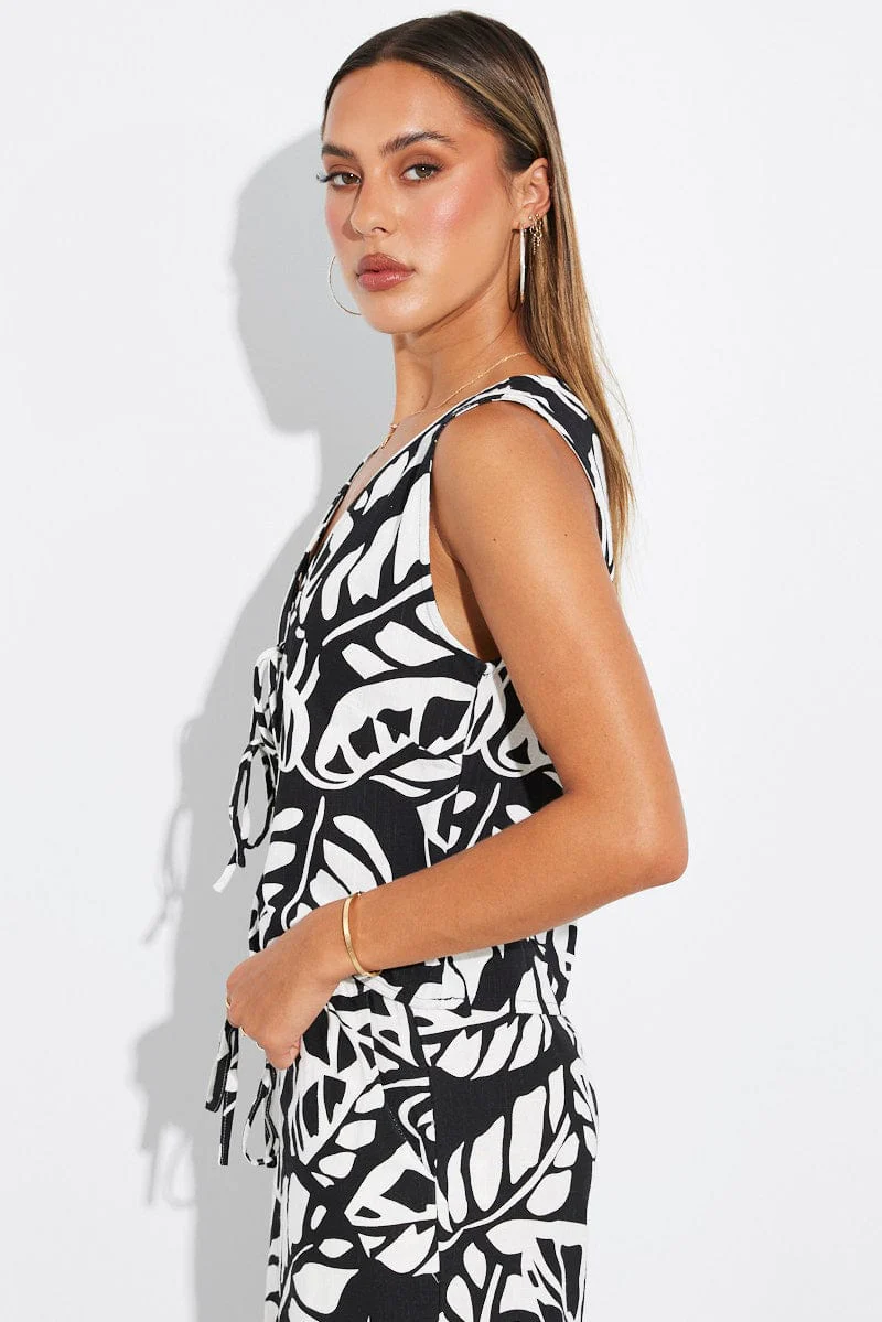 Black Abstract Tie Up Top Linen