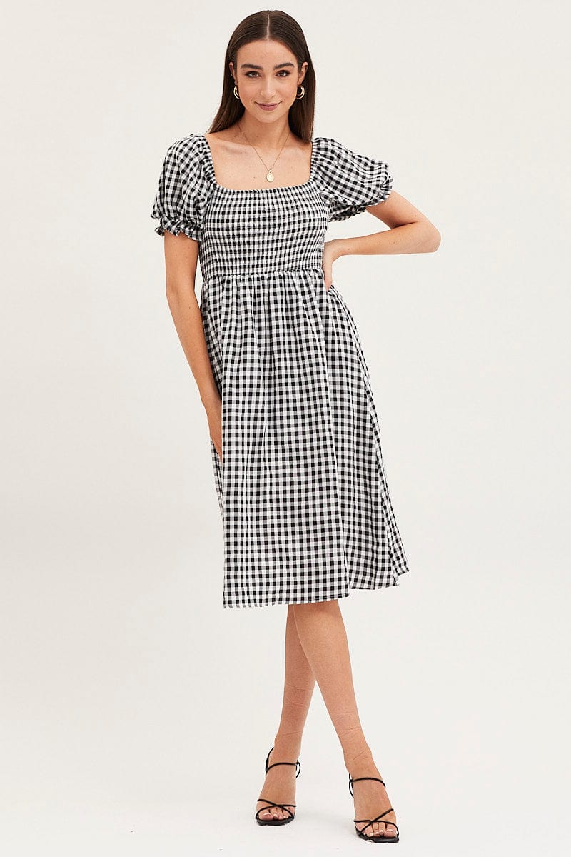 Check Mini Dress Short Sleeve Square Neck