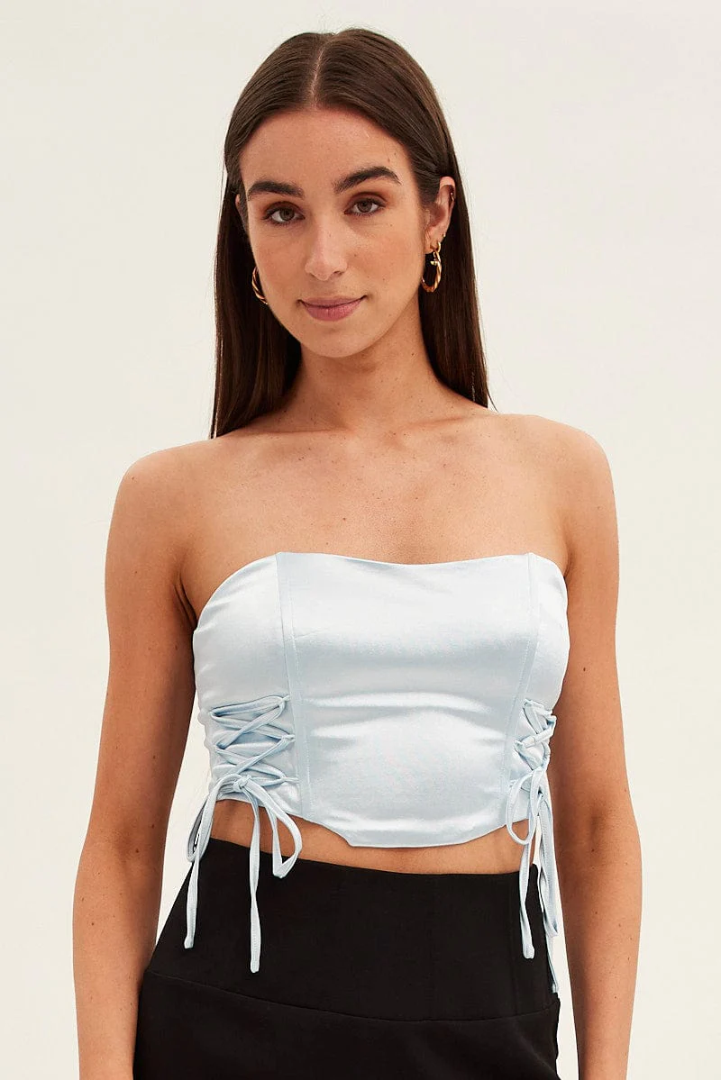 Blue Satin Corset Drawstrings Crop