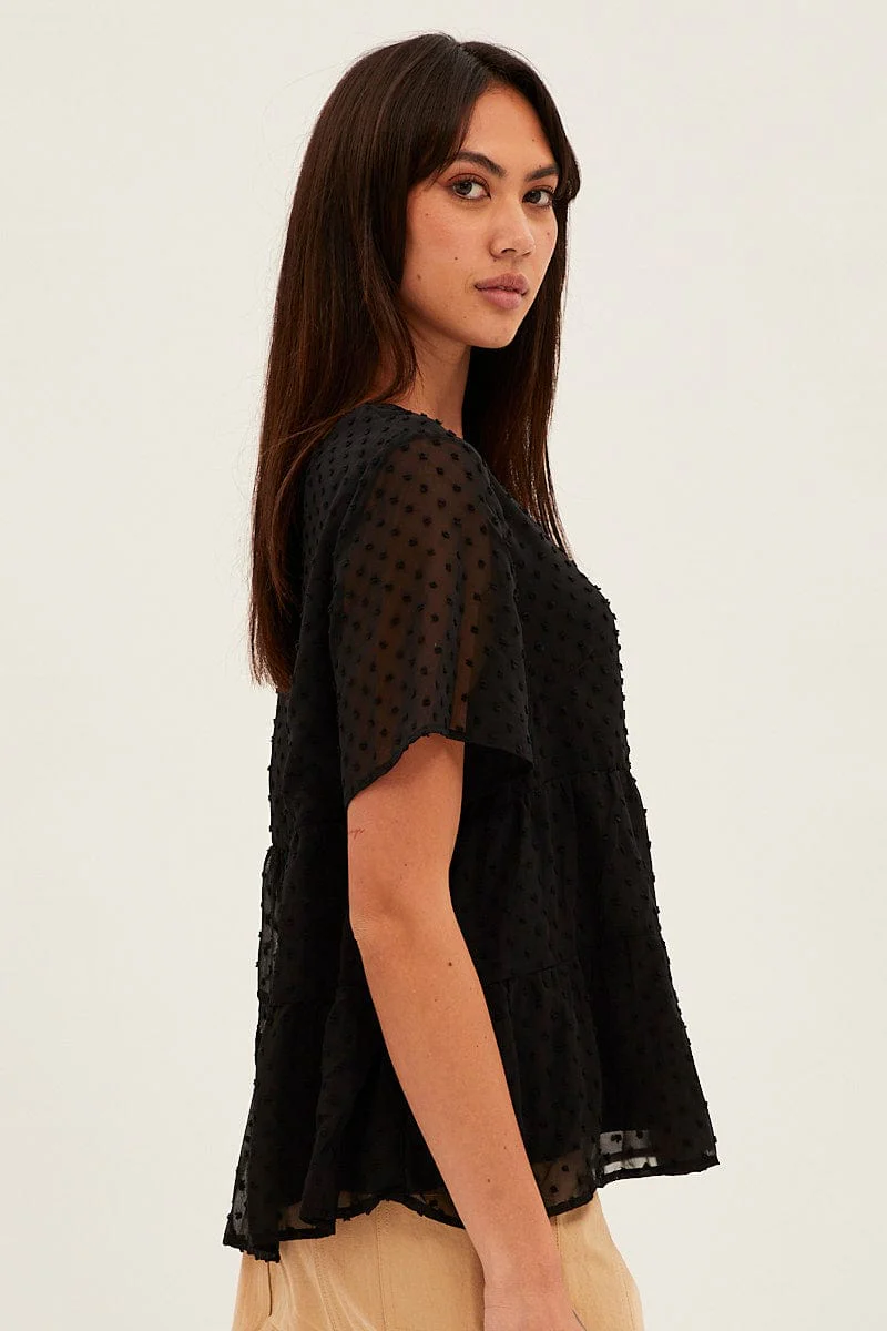 Black Dobby Chiffon Flutter Sleeve Tiered Hem Top