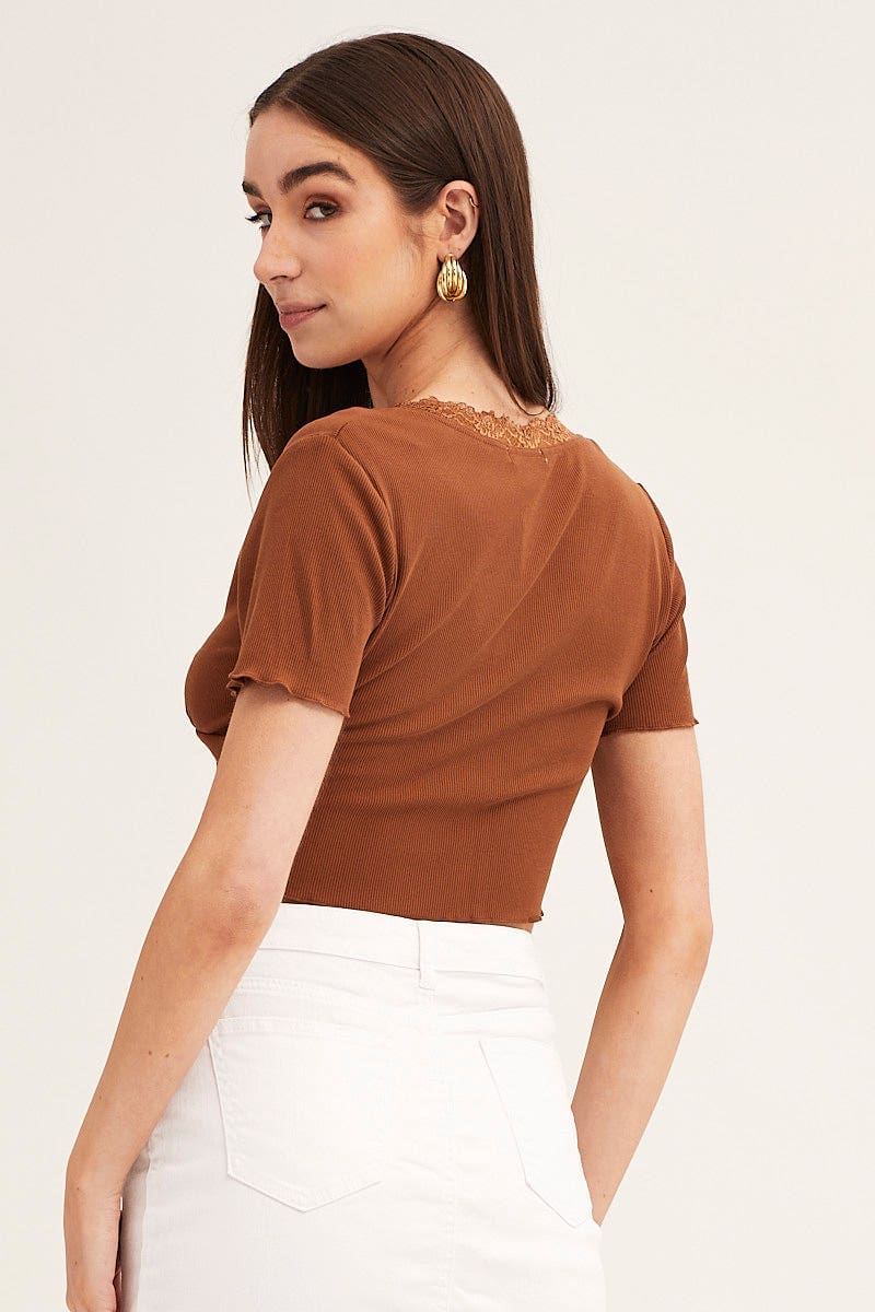 Brown Rib Jersey Short Sleeve V Neck Lace Trim Top