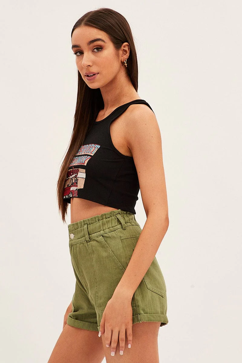 Green Relaxed Shorts Paper Bag High Rise