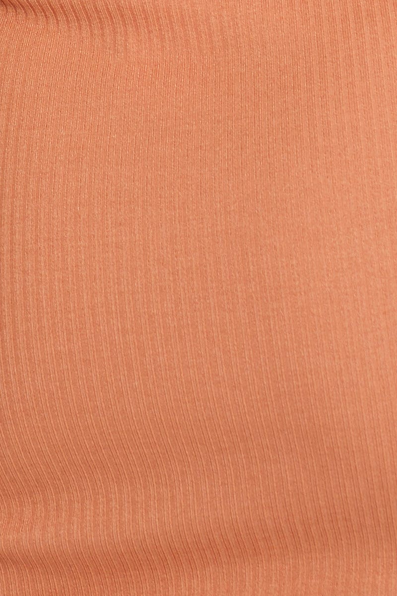 Brown Ribbed Ruched Drawstring Skirt