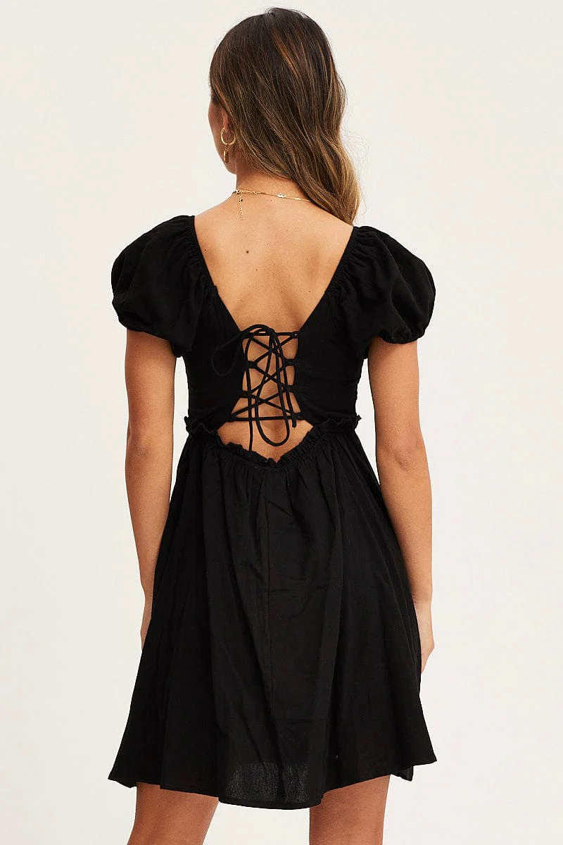 Black Mini Dress Short Sleeve Square Neck