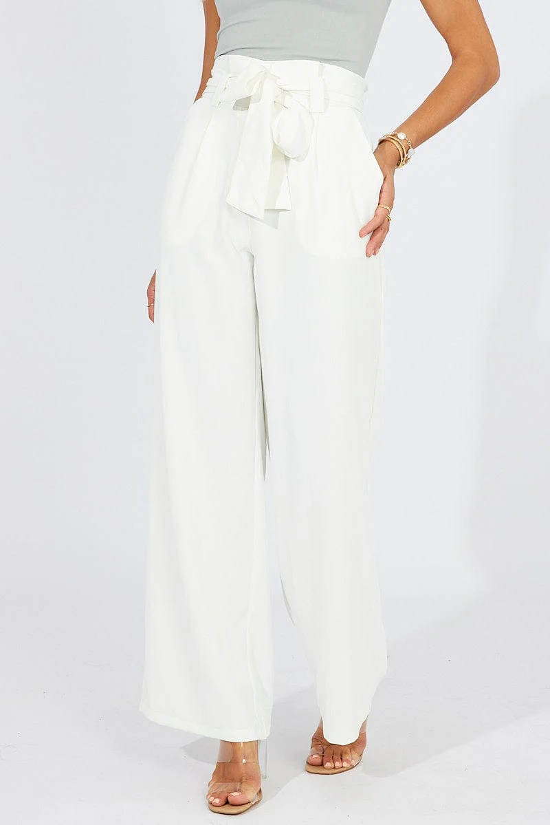 White Wide Leg Pants Paper Bag Waist