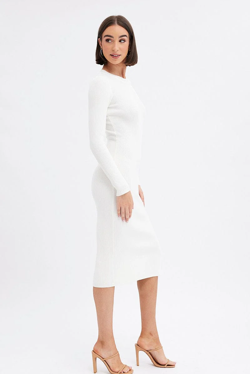 White Midi Dress Long Sleeve Round Neck Rib Knitted