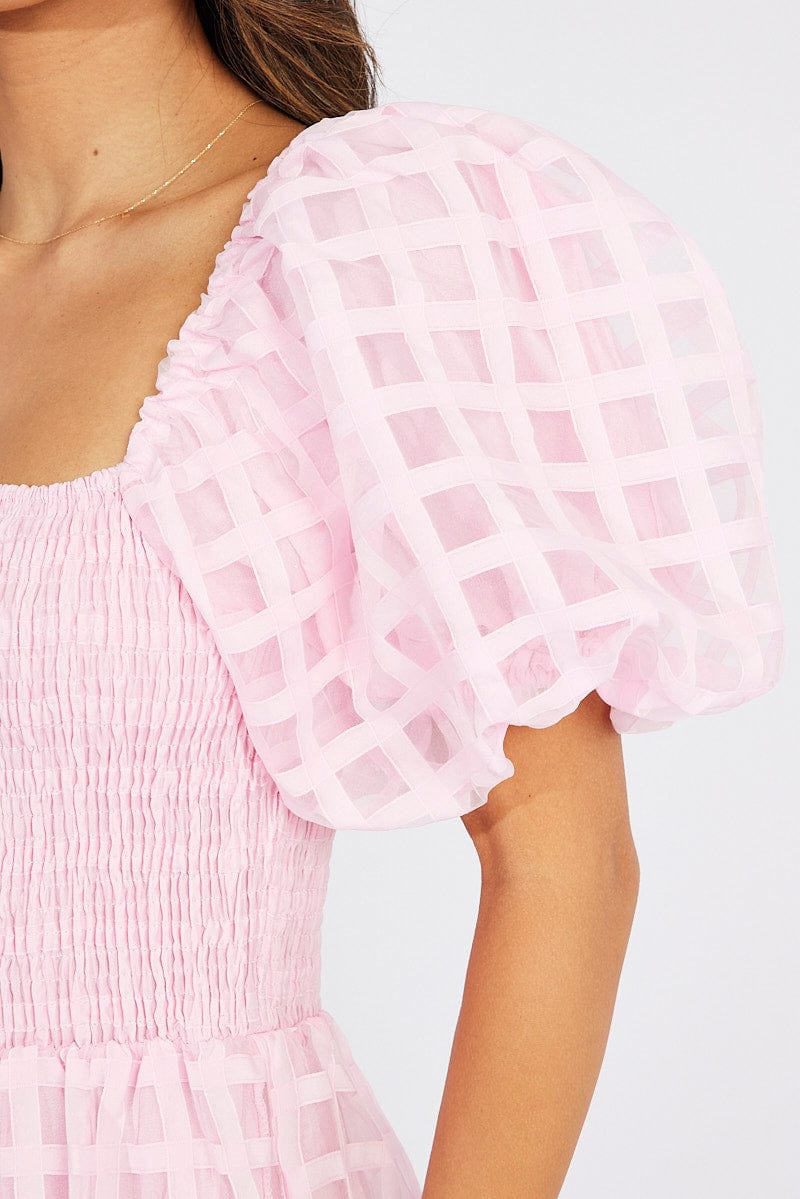Pink Midi Dress shirred Bust Puff Sleeve