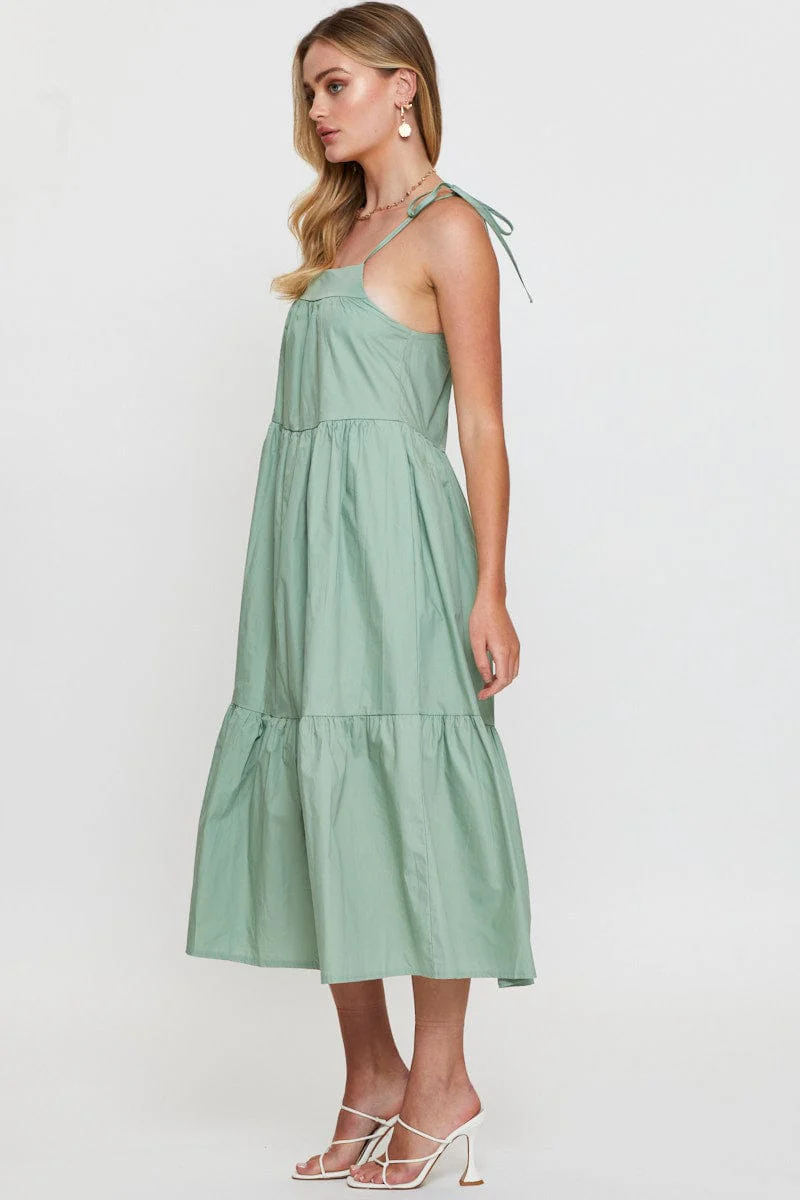 Green Midi Dress Sleeveless Tie Shoulder