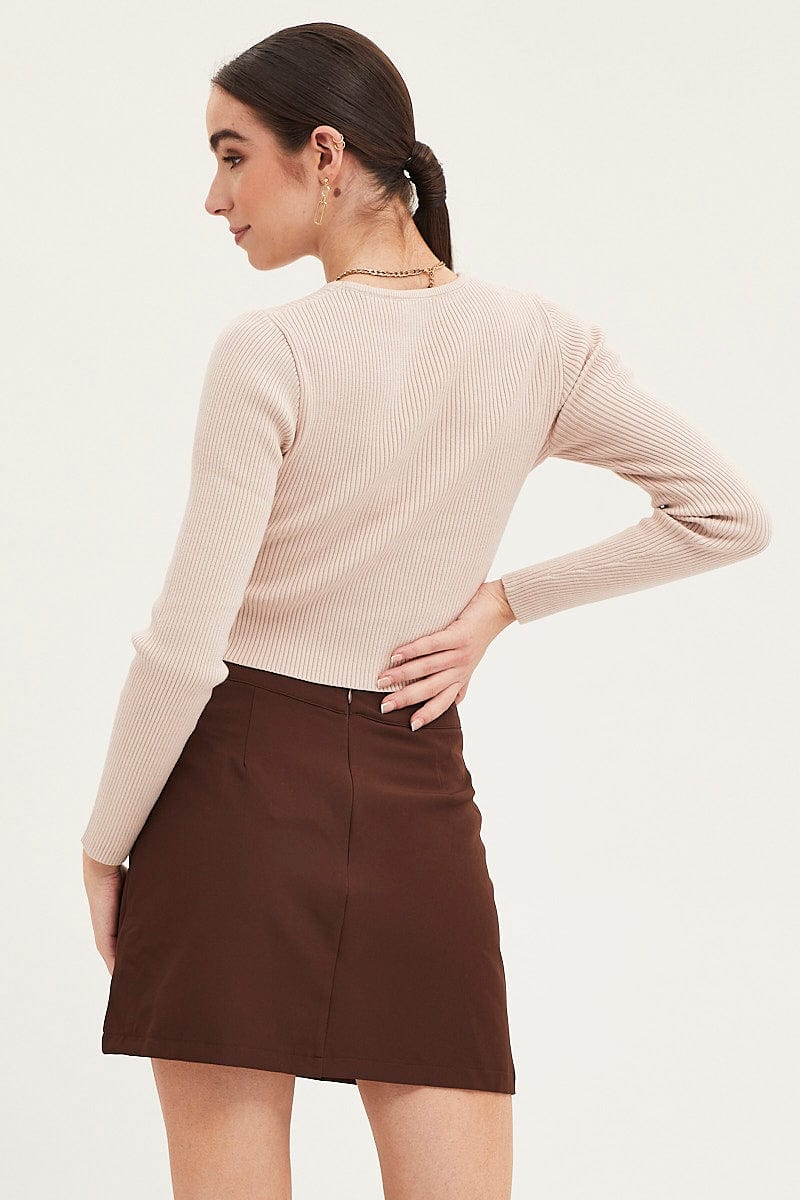 Beige Knit Top Long Sleeve Crop