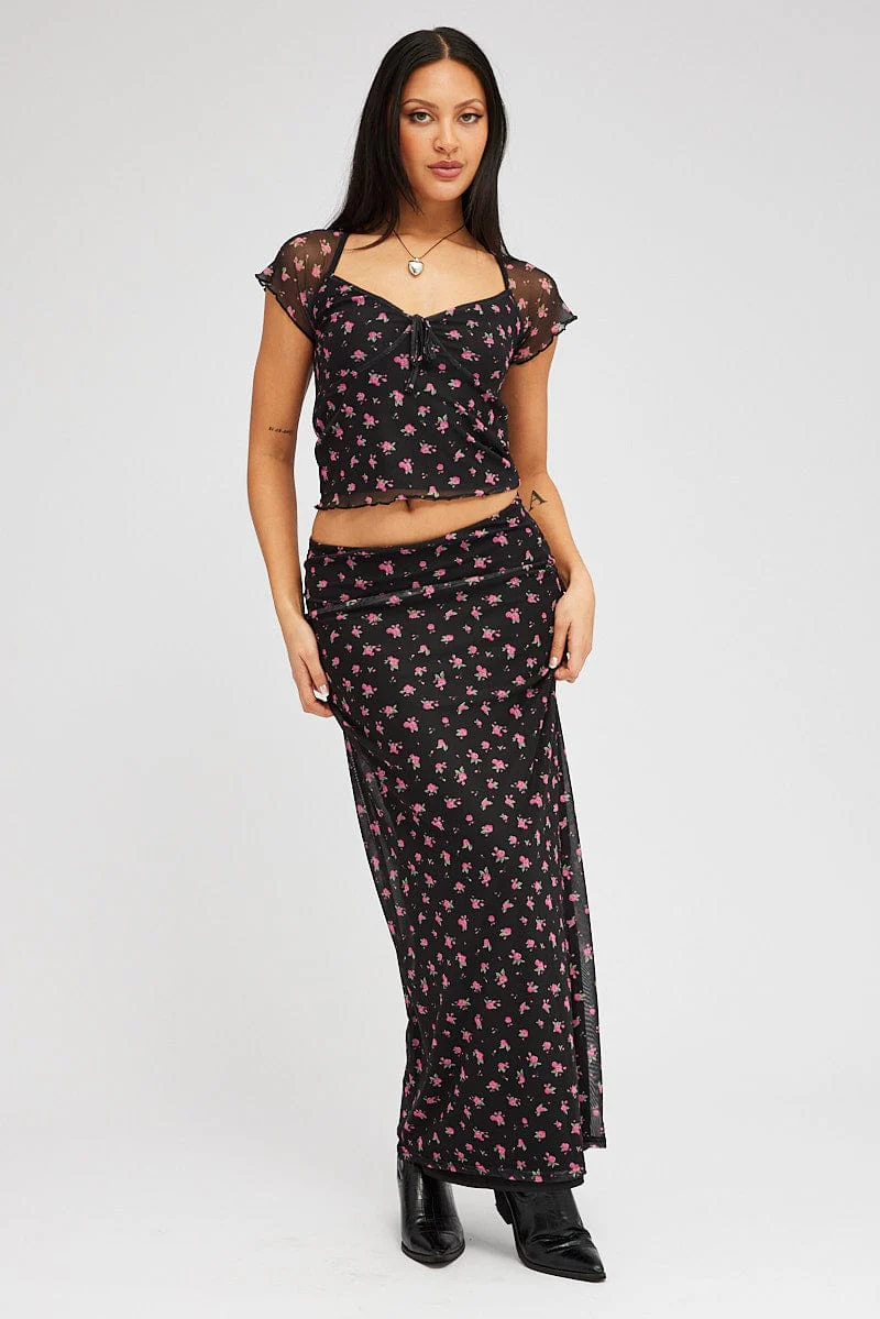Black Floral Maxi Skirt Pencil High Rise Mesh