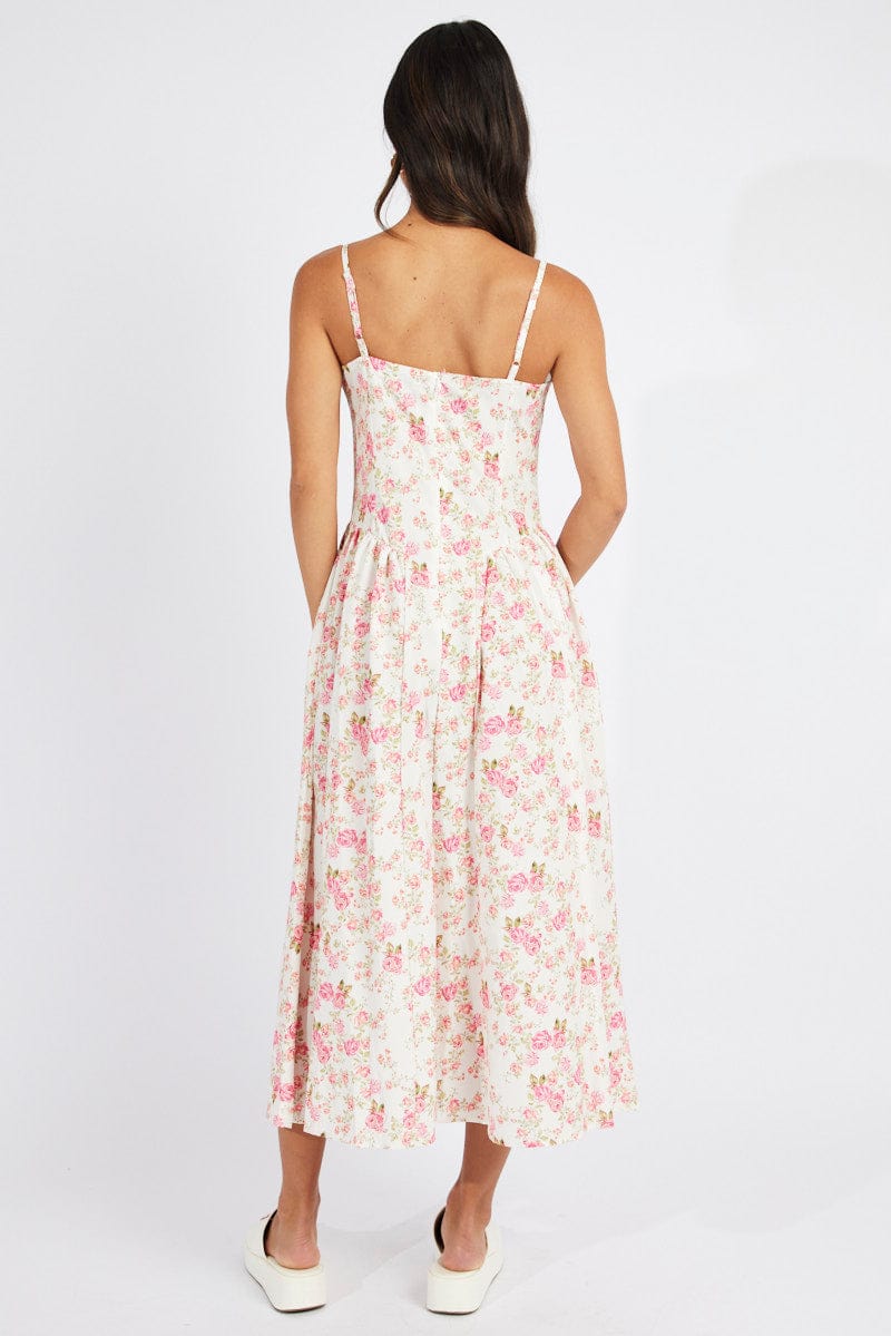 Pink Floral Midi Dress Sleeveless