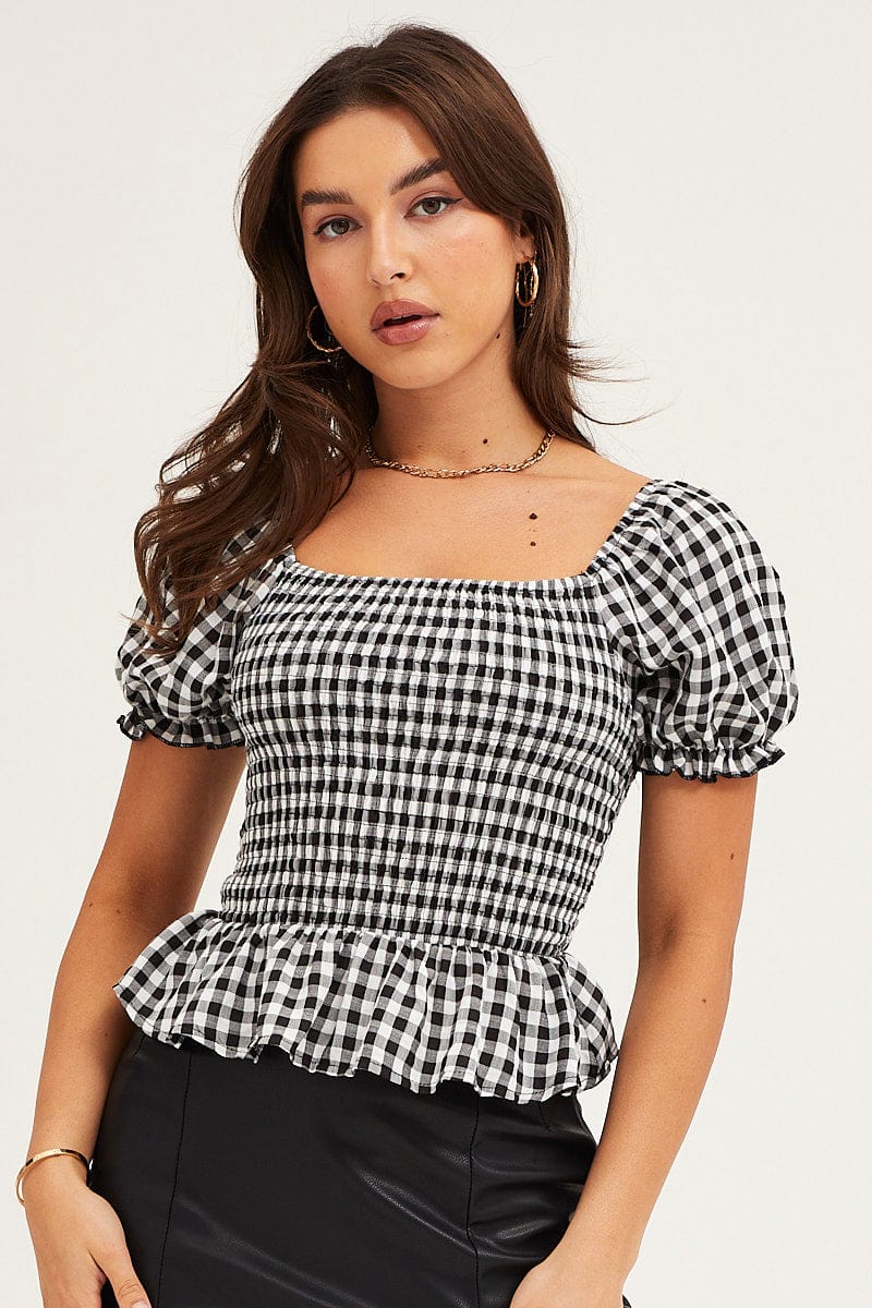 Check Gingham Puff Sleeve Shirred Top