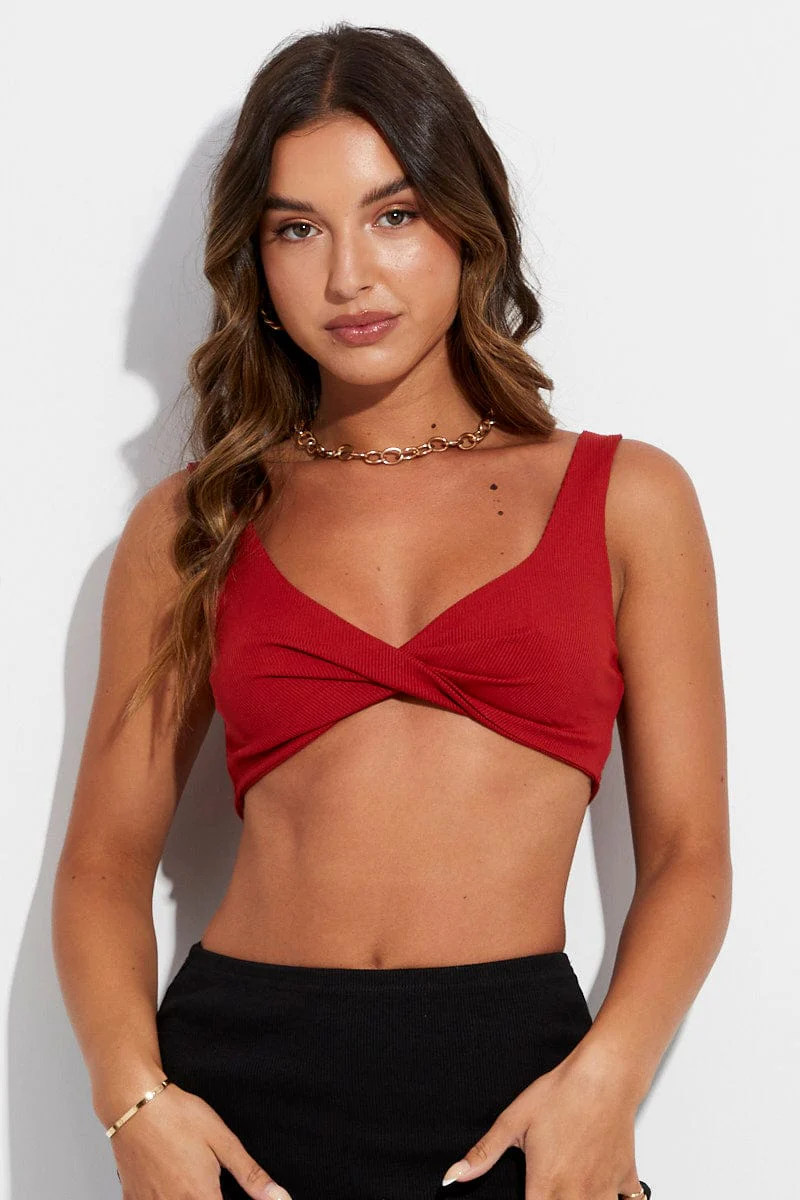 Red Crop Top Sleeveless Sweetheart Twist Front Rib