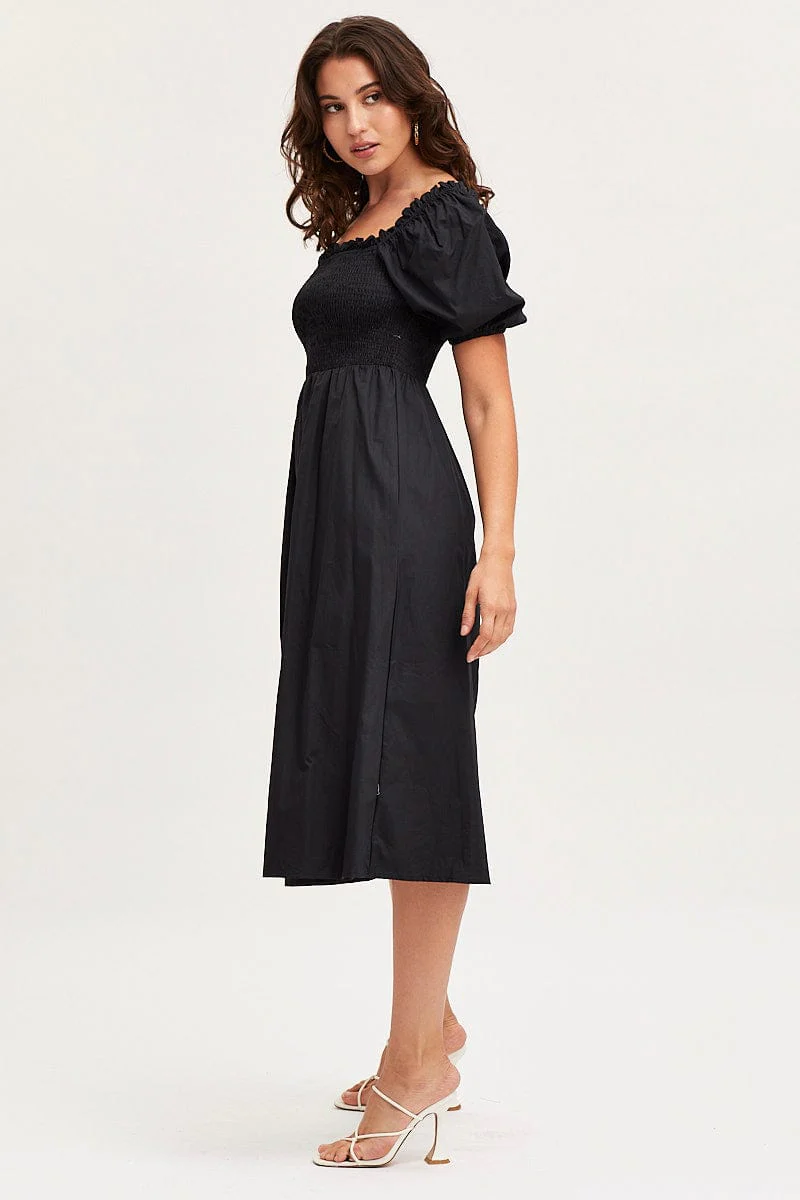 Black Midi Dress Short Sleeve Square Neck