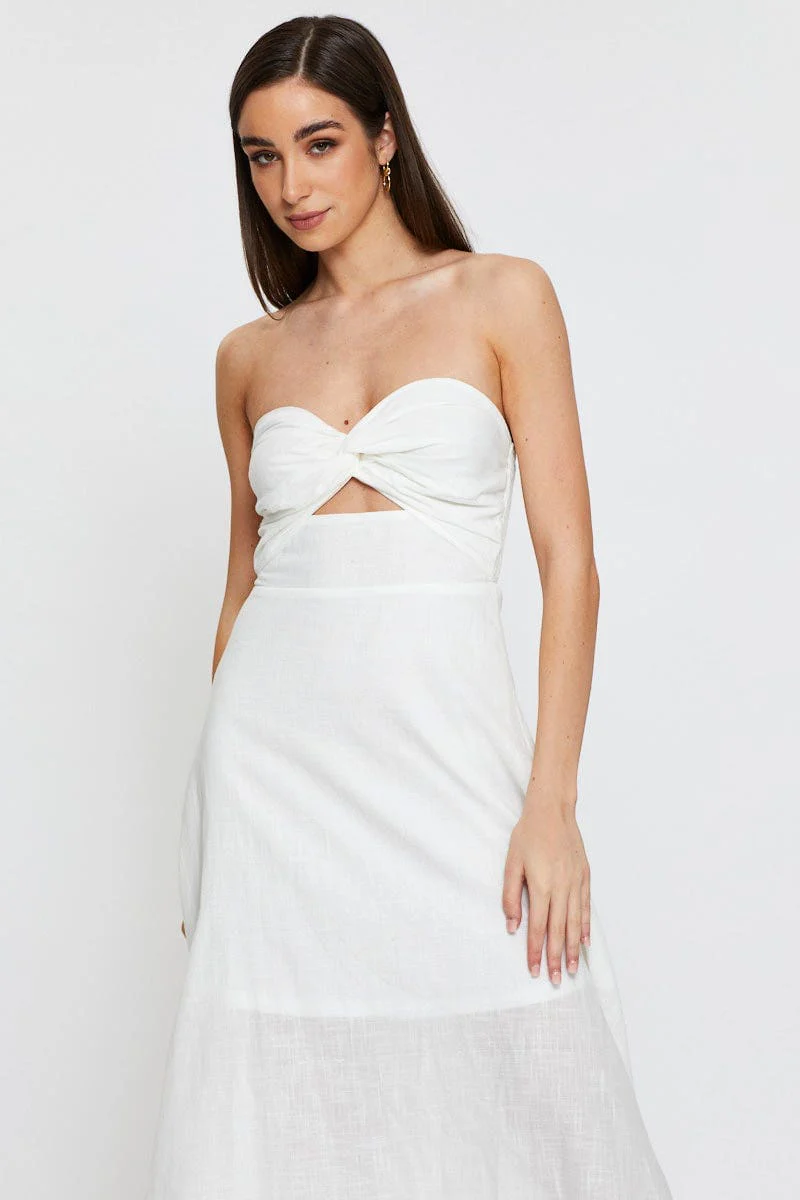 White Twist Front Bardot Midi Dress
