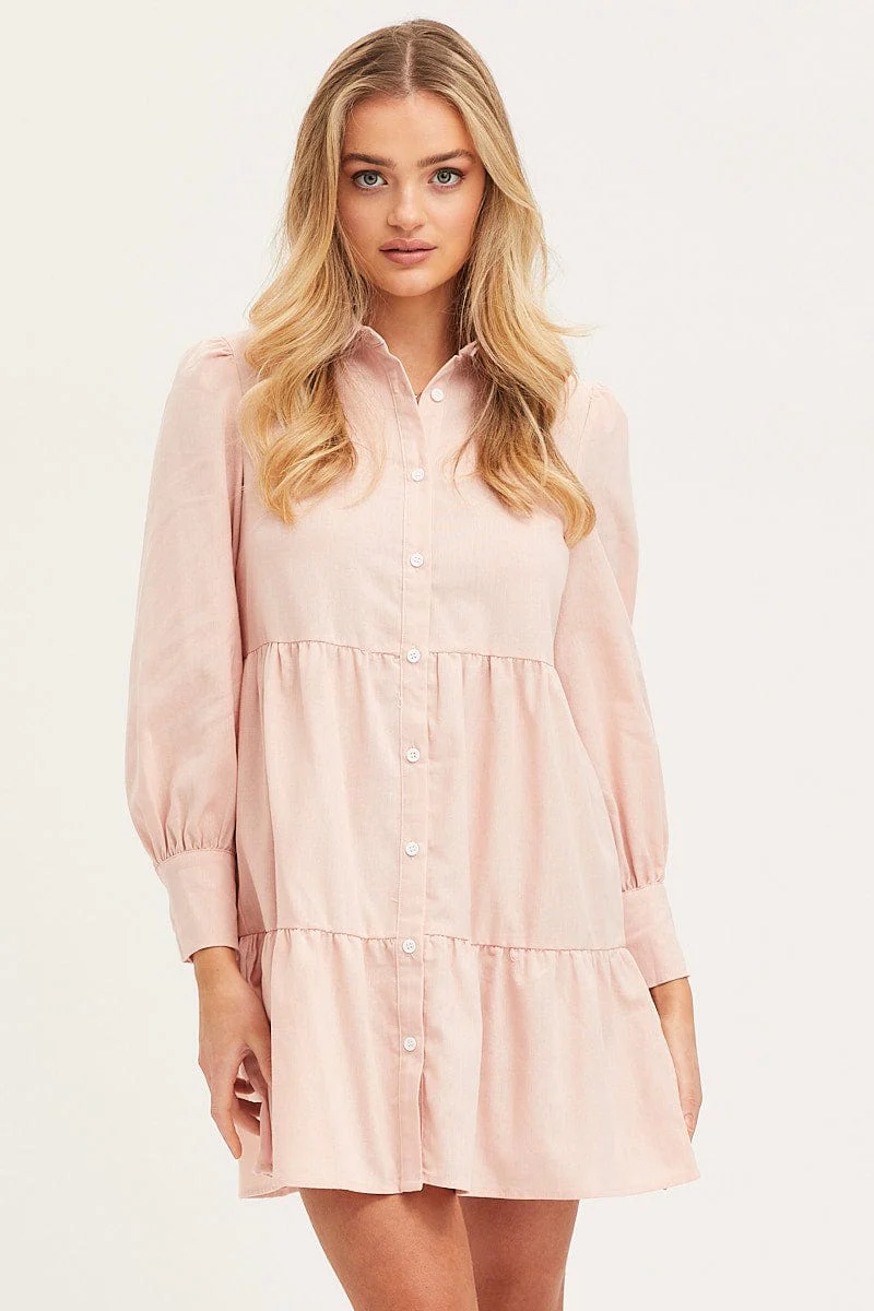 Pink Shirt Dress Long Sleeve Button Front