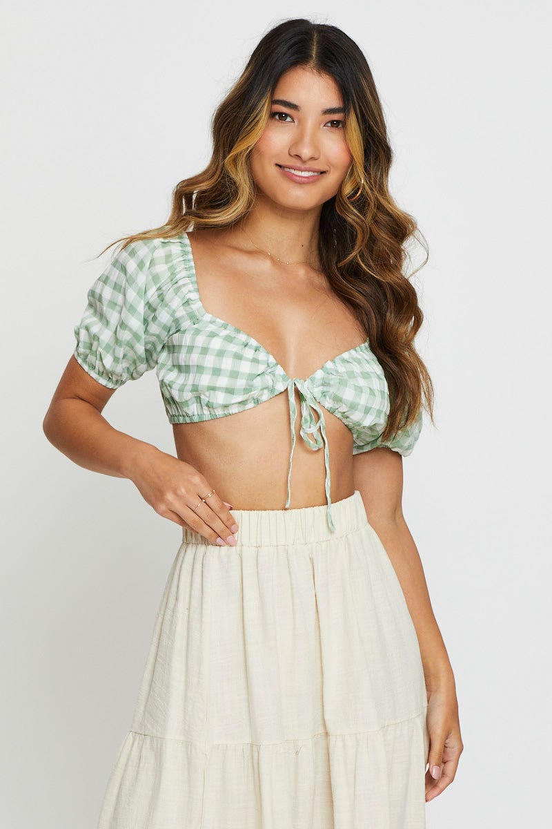 Check Crop Top Short Sleeve Tie Up