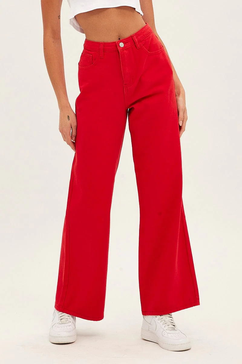 Red Wide Leg Denim Jeans High Rise
