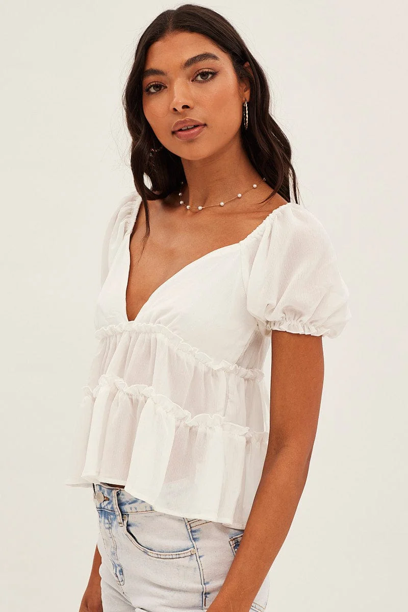 White Ruffle V Neck Puff Sleeve Tiered Top