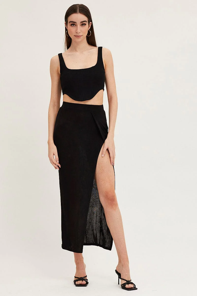 Black Jersey Elastic Waist Front Split Midi Skirt
