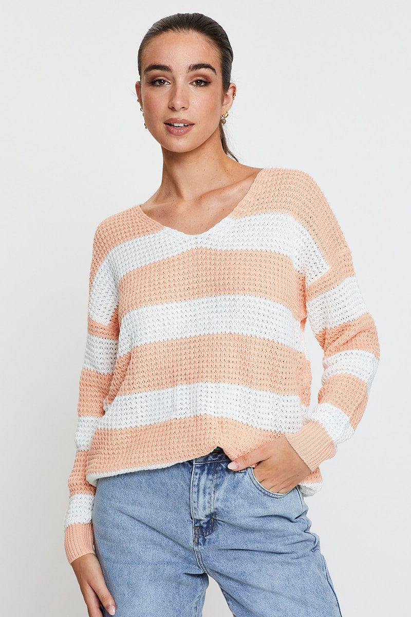 Stripe Knit Top Long Sleeve Relaxed V-Neck