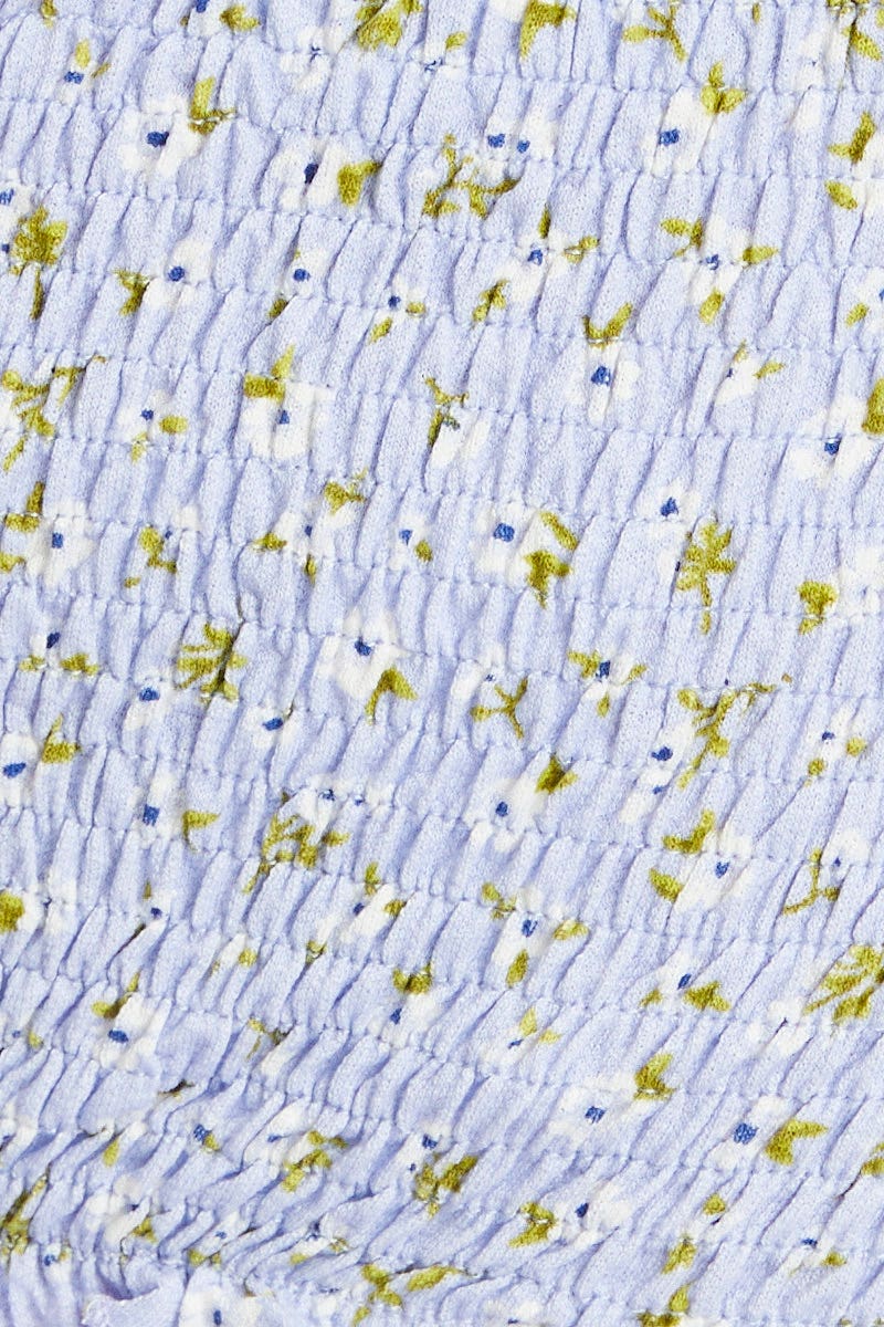 Print Short Puff Sleeve Ruche Front Top