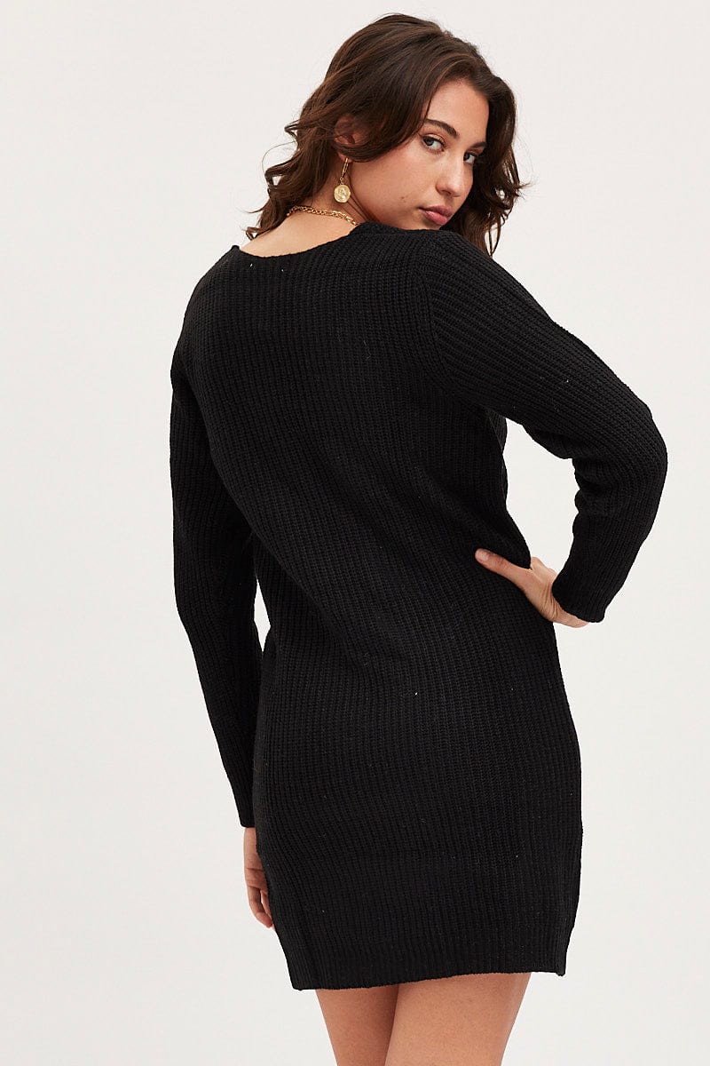 Black Dress Long Sleeve Mini V Neck Knit