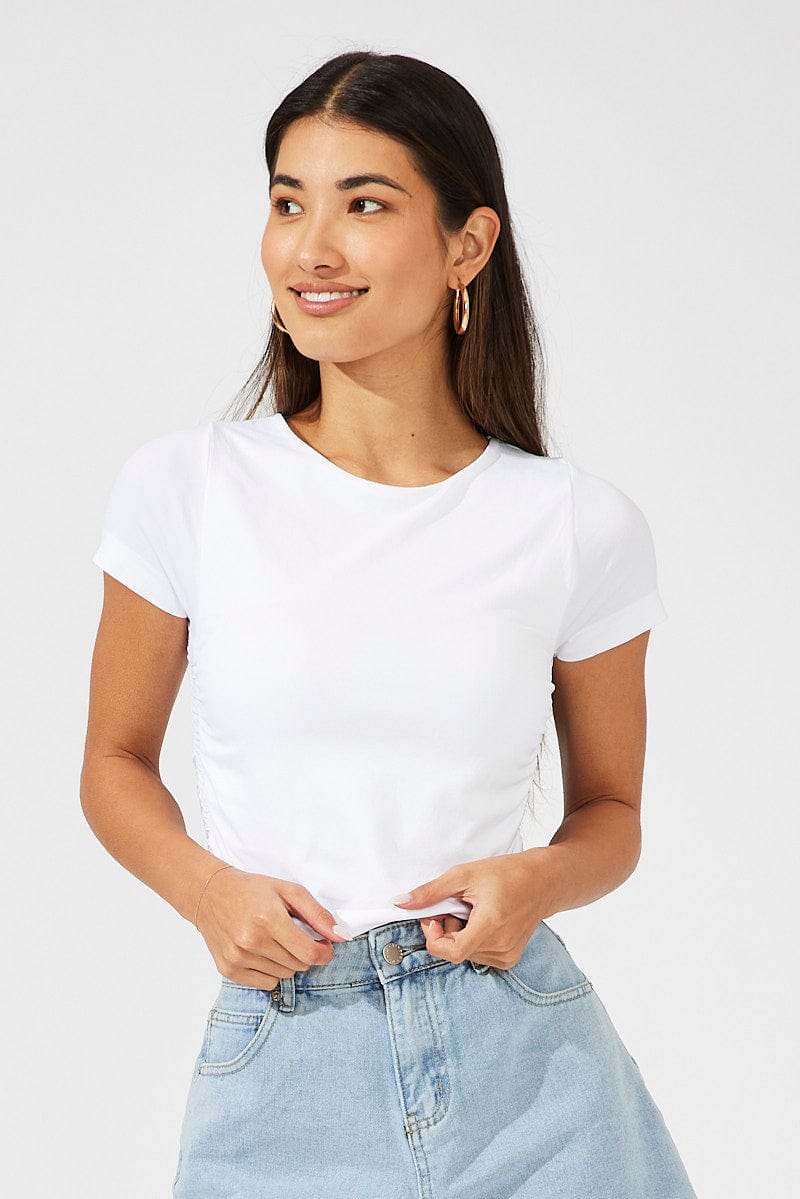 White T Shirt Short Sleeve Crew Neck Ruched Seamless