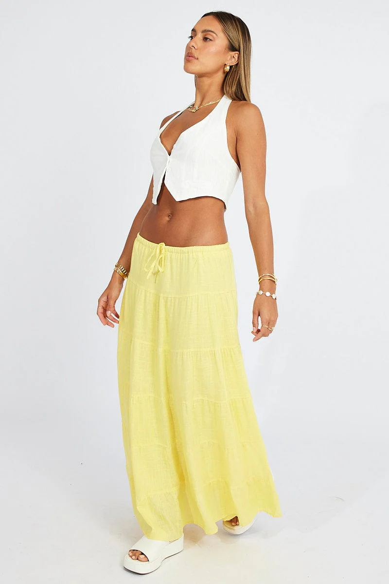 Yellow Maxi Skirt Tiered High Rise Linen Blend