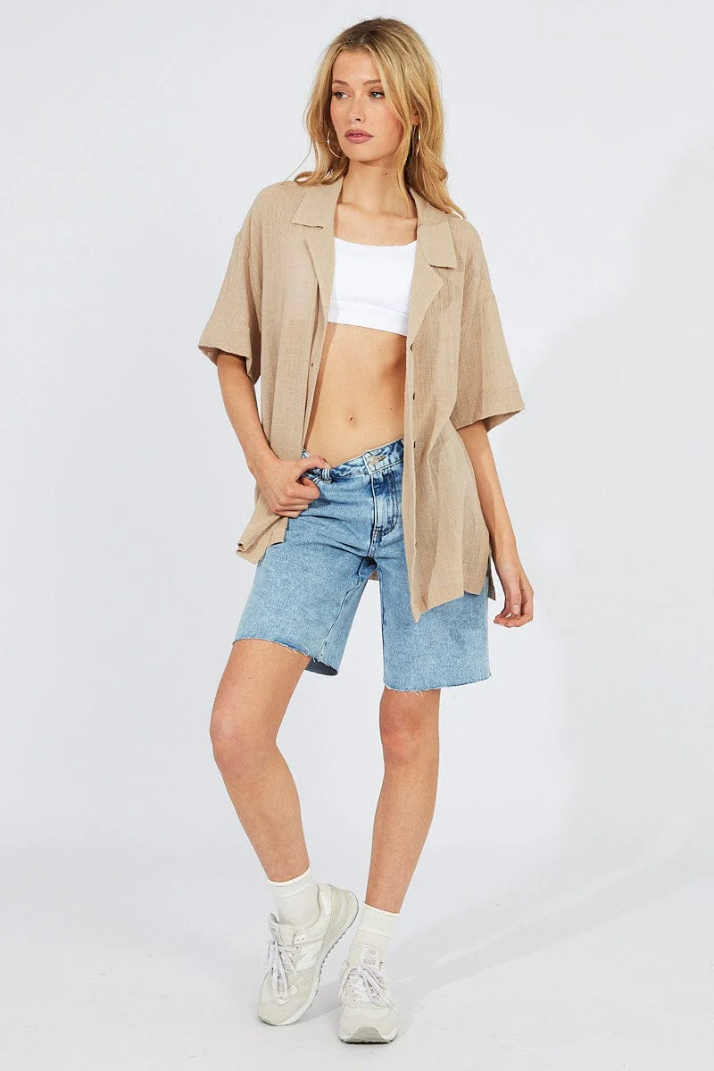 Beige Shirt Short Sleeve Collared Neck