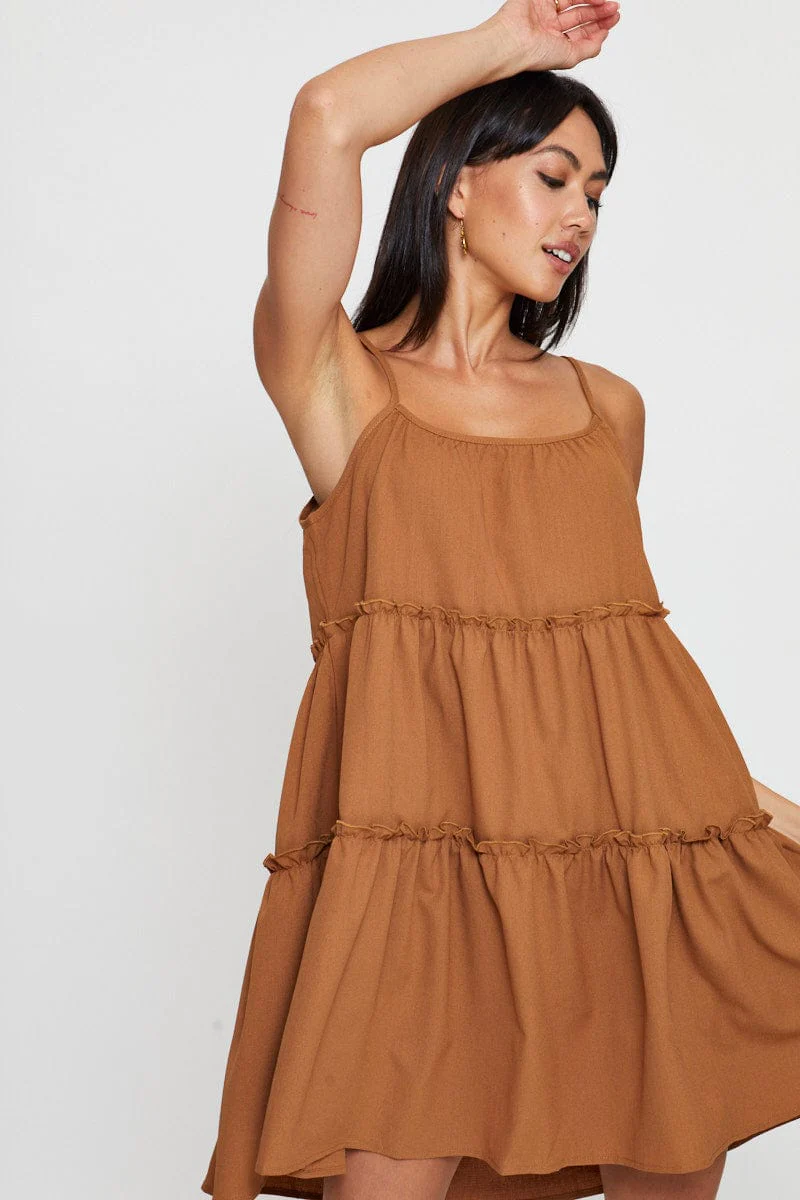 Brown Fit And Flare Dress Sleeveless Tie Shoulder