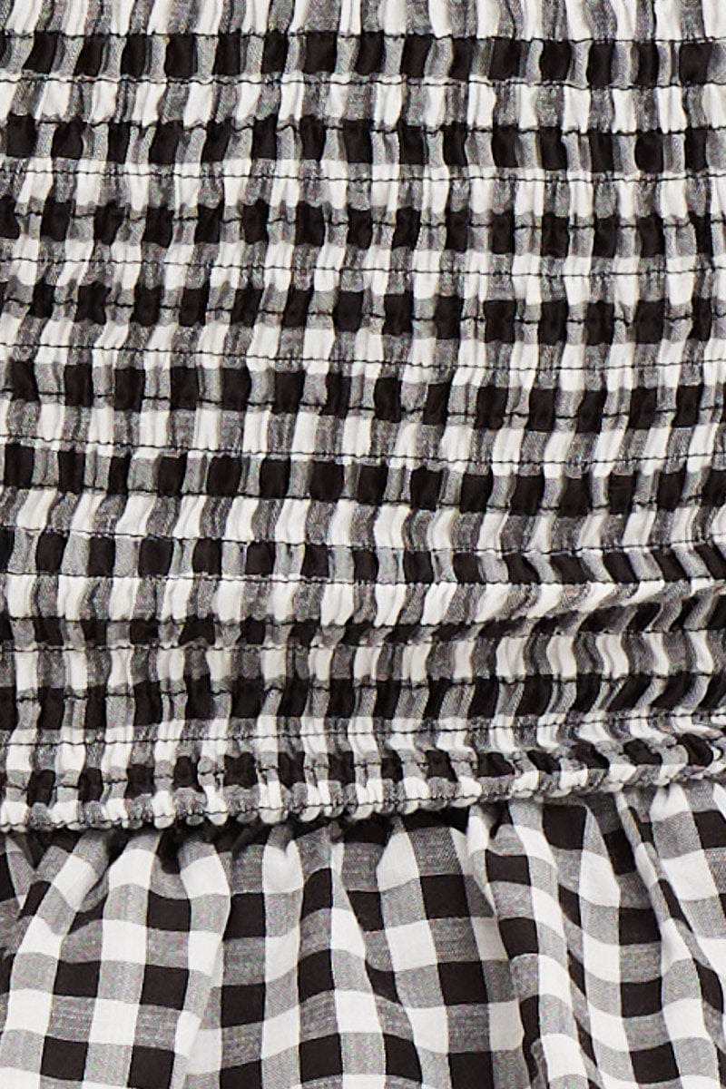 Check Gingham Puff Sleeve Shirred Top