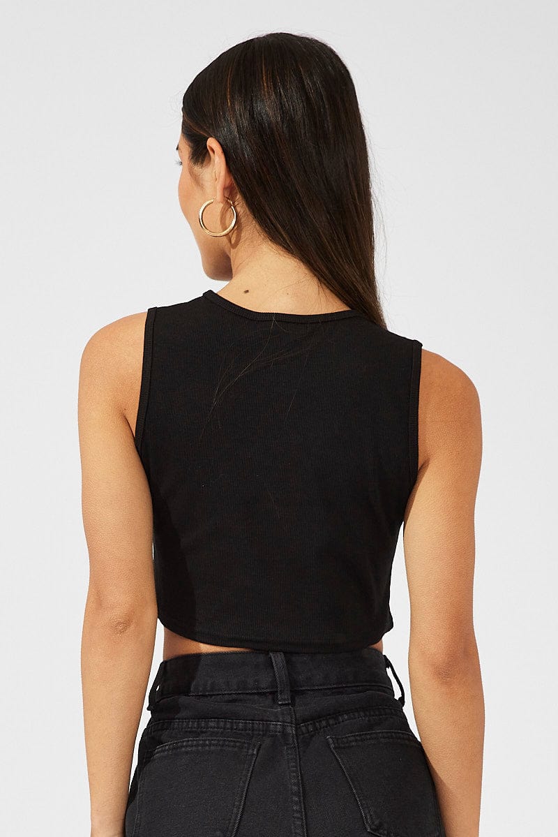 Black Graphic Top Sleeveless Tie up