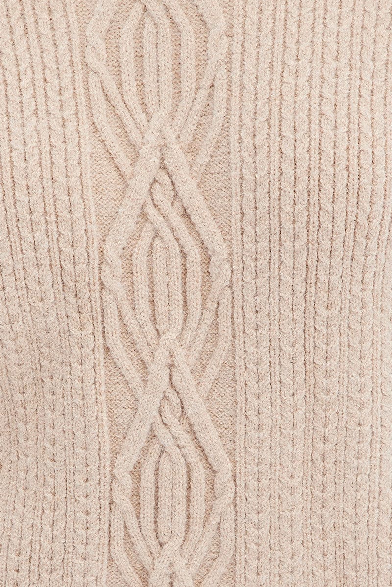 Camel Knit Dress Long Sleeve Turtleneck Cable