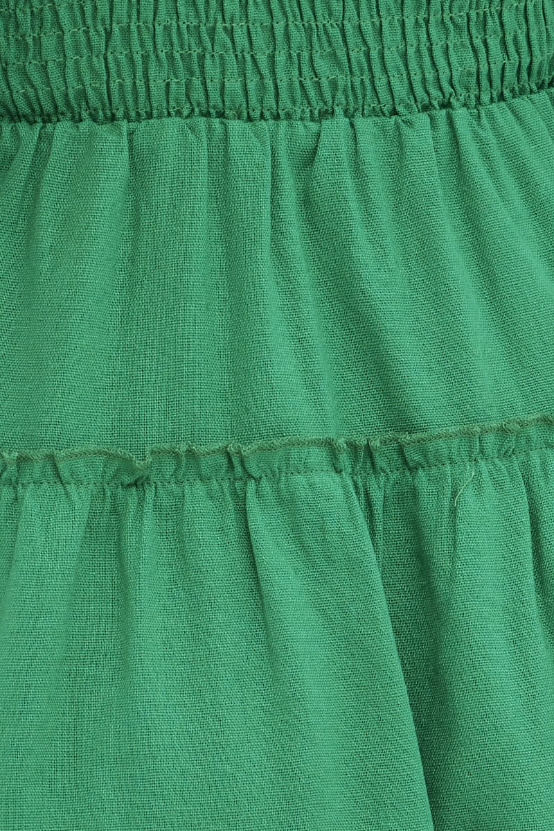 Green Skater Dress Square Neck Linen Blend Frill Detail