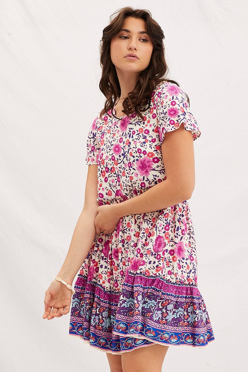 Boho Print Mini Dress Short Sleeve