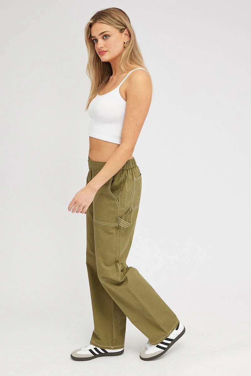 Green Cargo Pants Mid Rise Contrast Stitch