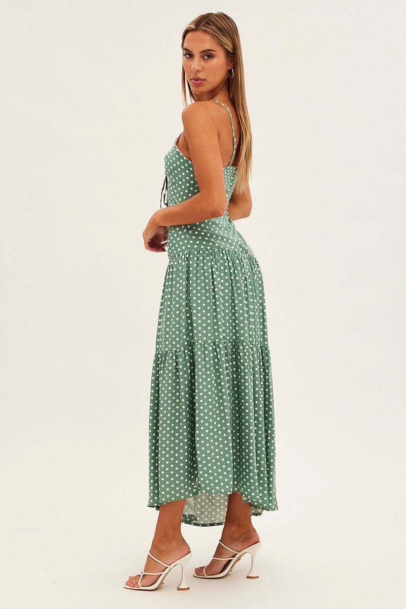 Print Polka Dot Maxi Dress Sleeveless Tie Front Tiered Polka Dot
